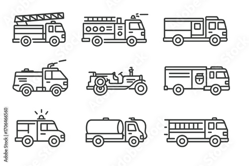 Fire Truck Icons. Line style icons of fire trucks: ladder truck, pumper truck, rescue truck, airport crash tender; water cannon