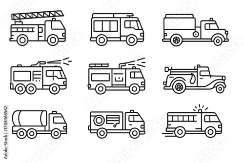 Fire Truck Icons. Line style icons of fire trucks: ladder truck, pumper truck, rescue truck, airport crash tender; water cannon