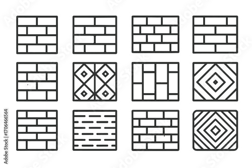 Brick Pattern Icons. Line style icons of brick-inspired patterns: tile imitation, embossed pattern, stencil grid, painted brick