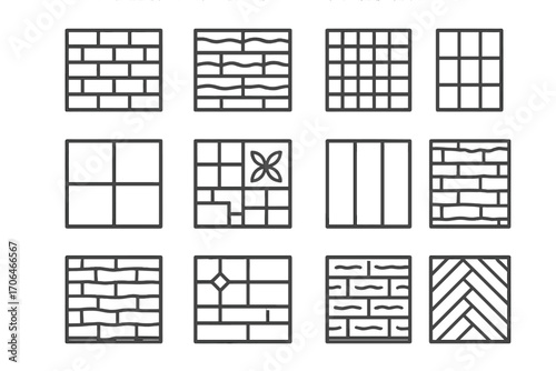 Brick Pattern Icons. Line style icons of brick-inspired patterns: tile imitation, embossed pattern, stencil grid, painted brick