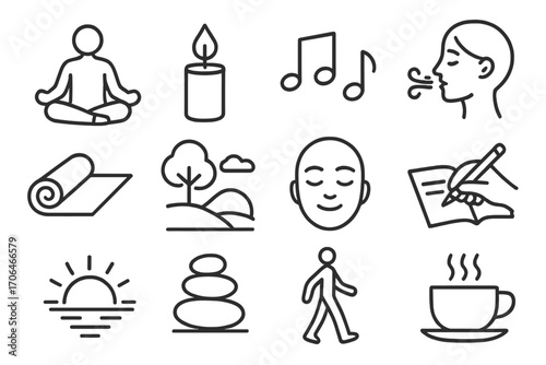 Stress Management Icons. Line style icons of stress management: person meditating, candle flame, soft music notes, breathing