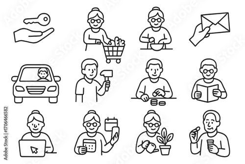 Senior Independence Icons. Line style icons of senior independence: key in hand, grocery shopping, preparing meals, handling mail;