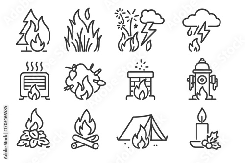 Seasonal Fire Risks Icons. Line style icons of seasonal fire risks: summer wildfire, dry grass fire, fireworks hazard, lightning