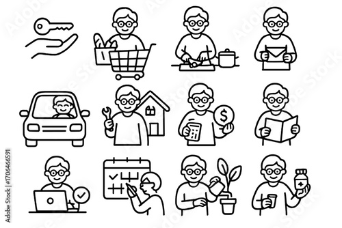 Senior Independence Icons. Line style icons of senior independence: key in hand, grocery shopping, preparing meals, handling mail;