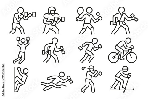 Dumbbell Icons for Sports. Line style icons of dumbbells for different sports: boxing dumbbell drill, football strength dumbbell,