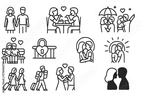 Romantic Couple Icons. Line style icons of romantic relationships: couple holding hands, couple sharing meal, couple under