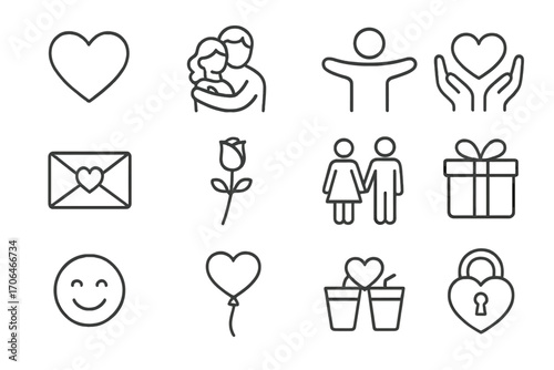 Love and Care Icons. Line style icons of love and care: heart, hugging couple, open arms, heart in hands; love letter, rose,