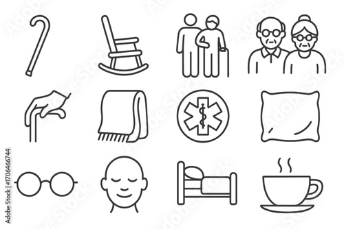 Elder Care Icons. Line style icons of elder care: walking cane, rocking chair, caregiver, elderly couple; hand with cane, warm