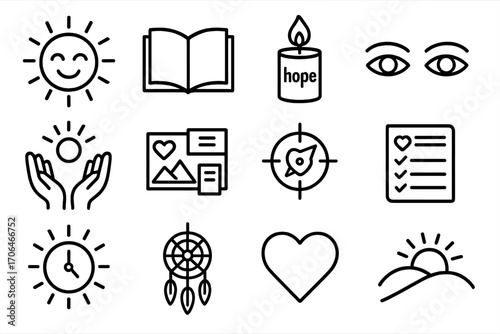 Positive Intentions Icons. Line style icons of positive intentions: smiling sun, open journal, candle with hope, focused eyes;