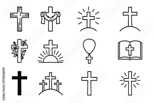 Easter Cross Icons. Line style icons of Easter crosses: wooden cross, cross with cloth, glowing cross, hilltop cross; floral cross