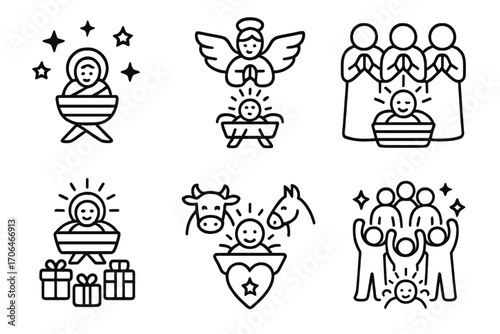 Nativity Celebration Icons. Line style icons of nativity celebration: baby in center, surrounding stars, worshippers, guiding