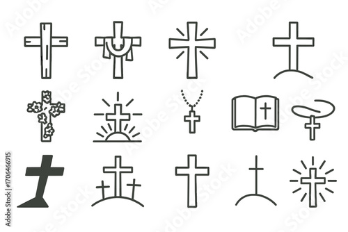 Easter Cross Icons. Line style icons of Easter crosses: wooden cross, cross with cloth, glowing cross, hilltop cross; floral cross