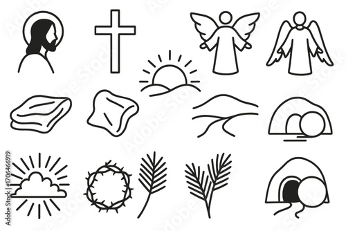 Easter Icons Collection. Line style icons of holy Easter scenes: Jesus silhouette, empty cross, rising sun, angel standing; folded