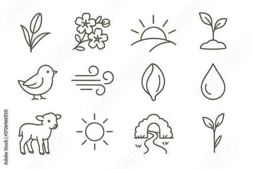 Spring Icons. Line style icons of spring and rebirth: lily bud, tree bloom, sunrise hill, sprouting leaf; baby bird, soft wind,