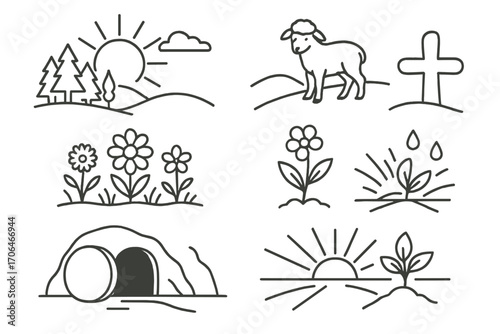 Easter Sunrise Icons. Line style icons of Easter sunrise over nature: tree line, sun with rays, calm clouds, lamb on hill; cross
