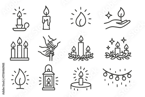 Candlelit Tradition Icons. Line style icons of candlelit traditions: candle in holder, wax drip, flame with glow, hand holding