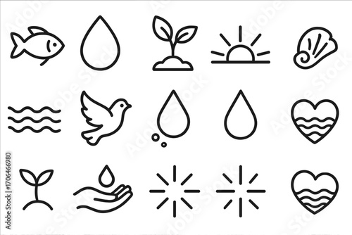 Icons of Life Symbols. Line style icons of symbols of life: fish, water drop, seedling, rising sun; waves, dove in flight,