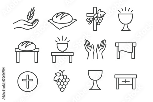 Communion Symbols Icons. Line style icons of communion offering: wheat in hand, bread on linen, grapevine cross, cup with halo;