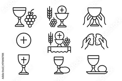 Communion Celebration Icons. Line style icons of communion celebration: filled chalice, grapes and wheat, altar setup, shared cup;