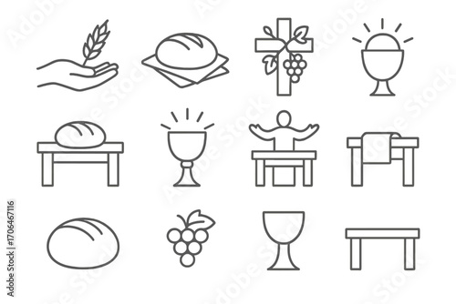 Communion Symbols Icons. Line style icons of communion offering: wheat in hand, bread on linen, grapevine cross, cup with halo;
