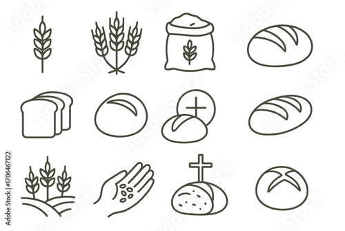 Wheat and Bread Icons. Line style icons of wheat and bread: single stalk, bundle of grain, flour sack, rustic loaf; sliced bread,