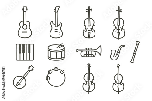Minimalist Instrument Icons. Line style icons of minimalist instruments: acoustic guitar, electric guitar, violin, cello; piano