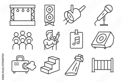 Concert Icon Elements. Line style icons of concert elements: stage, speaker tower, spotlight, microphone stand; music crowd,