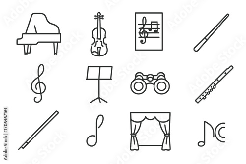 Classical Music Icons. Line style icons of classical music: grand piano, violin, sheet music, baton; treble clef, music stand,
