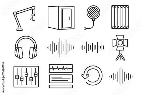 Recording Studio Elements Icons. Line style icons of recording studio elements: mic arm, sound booth, pop filter, acoustic panel;
