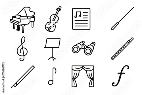 Classical Music Icons. Line style icons of classical music: grand piano, violin, sheet music, baton; treble clef, music stand,