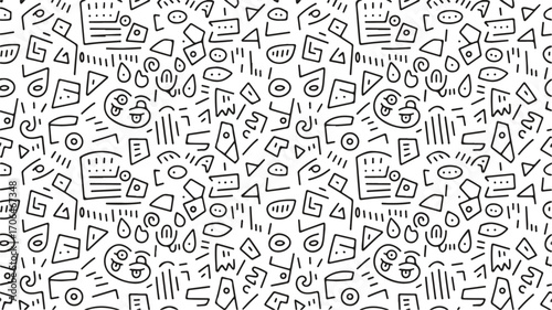 Abstract doodle pattern with simple line drawings and scribbles forming a chaotic yet organized visual texture for creative projects