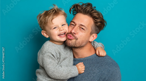 Happy father and little son smiling and hugging against blue background, symbolizing love, family, and parenthood.