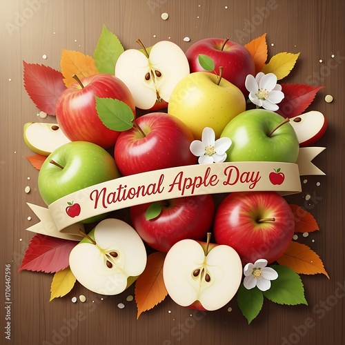 Festive National Apple Day Celebration with Colorful Apples, Autumn Leaves, and Delicate White Blossoms on a Wooden Table