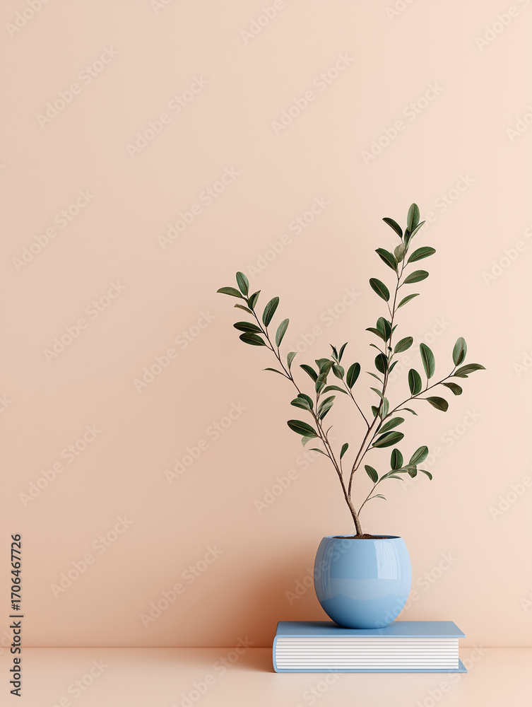 Fototapeta premium Plant in Blue Pot on Blue Book