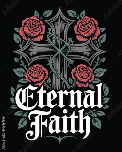 Gothic Cross and Roses Vector T-Shirt Design – Dark Faith Illustration