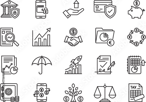 Comprehensive financial growth and security icon set featuring banking, investment, savings, analytics, insurance, tax, payments, balance, and compliance solutions