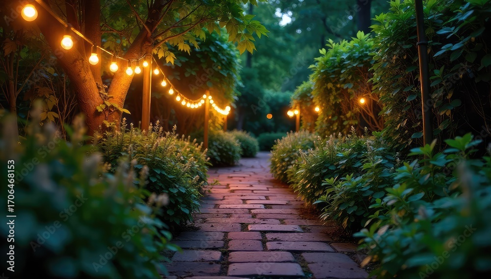 Obraz premium Warm evening glow illuminates a garden path, creating a magical ambiance String lights twinkle among lush greenery, casting a soft, inviting light , twinkling, path