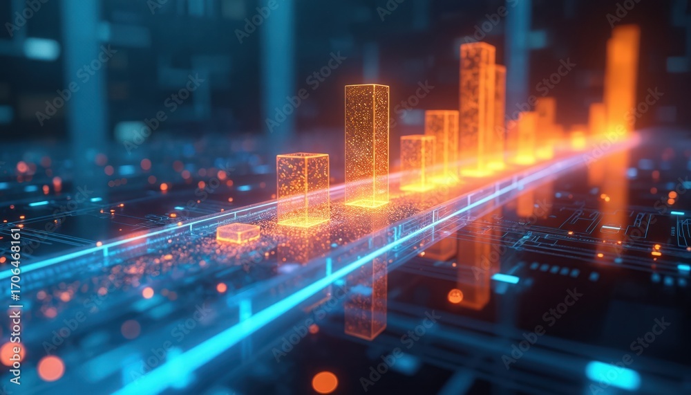 Fototapeta premium Glowing bar graphs connect on surreal digital network, representing business growth, financial success. Futuristic abstract background with blue, orange light circuits, technology, innovation in