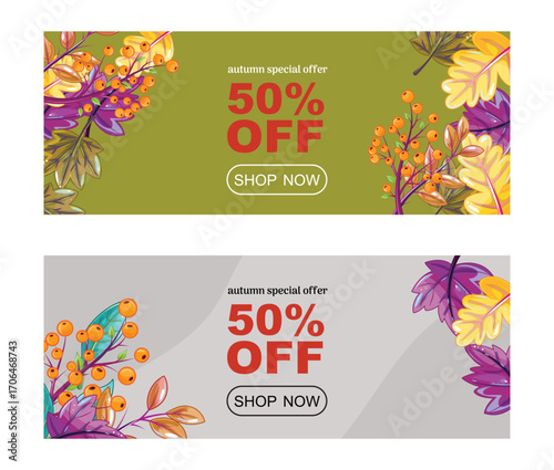 Colorful autumn offer templates, botanical frames, bold sale text, marketing banners, vibrant foliage details, special event ads.