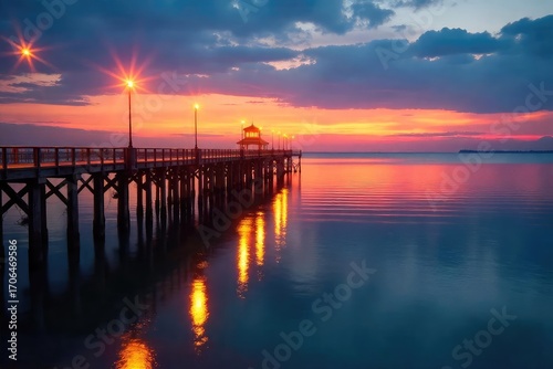 Warm, inviting glow of pier lights at sunset, reflecting on calm water Perfect for travel, coastal, or nautical themes Ideal for websites, brochures, and social media , beach, nautical