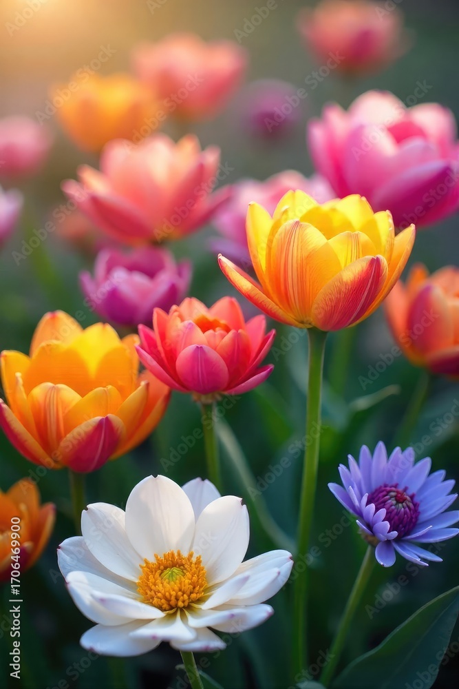 Obraz premium Whimsical close-up of blooming flowers bursting forth from a bed, vibrant colors and soft textures Perfect for spring, nature, and floral themes , flower arrangement, blossoming, flower macro
