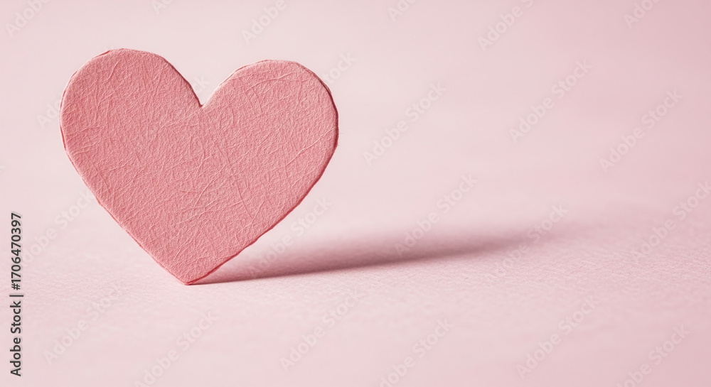 Fototapeta premium Pink paper heart on pink background, textured surface, Valentines Day theme, ample free space for text or design element