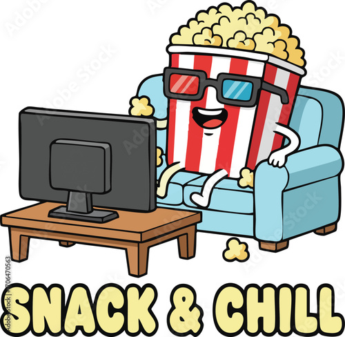 Funny Popcorn Cartoon Watching TV – Snack and Chill Movie Night Illustration
