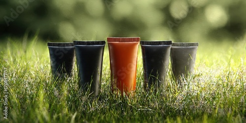Black and Brown Cosmetic Tubes Laid Out on Fresh Green Grass