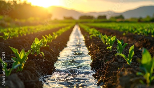 Irrigated field at sunset