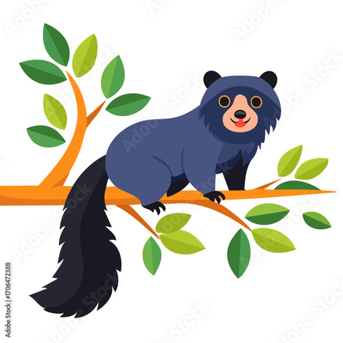 Cute and happy binturong on a tree branch. The binturong has a fluffy coat and friendly expression, surrounded by leaves