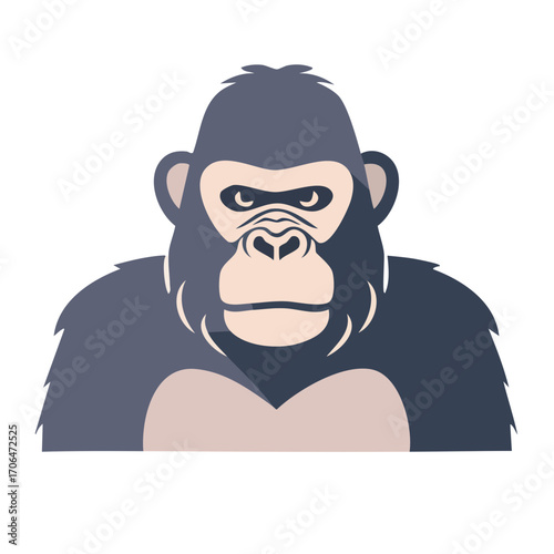 A stern-faced gorilla portrait looking at the viewer, showing a strong presence. The illustration features a detailed depiction of the gorilla's face, capturing its intense gaze and powerful physique