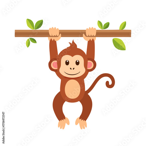 A happy monkey swinging from a tree branch with green leaves. The monkey is brown, and the illustration is cartoon-like.