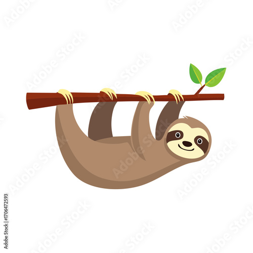 A smiling sloth hanging from a tree branch, showcasing its relaxed and adorable nature. A simple, eye-catching illustration