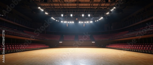 Empty auditorium with red seats and wooden floor illuminated stage